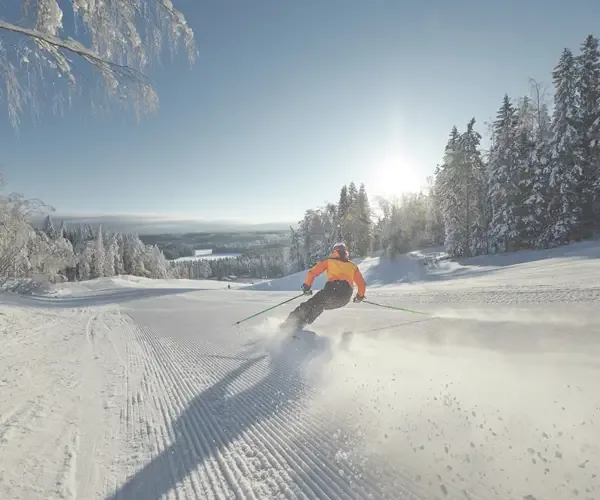 Skiløber i orange jakke svinger i en nypræpareret piste en solrig vinterdag
